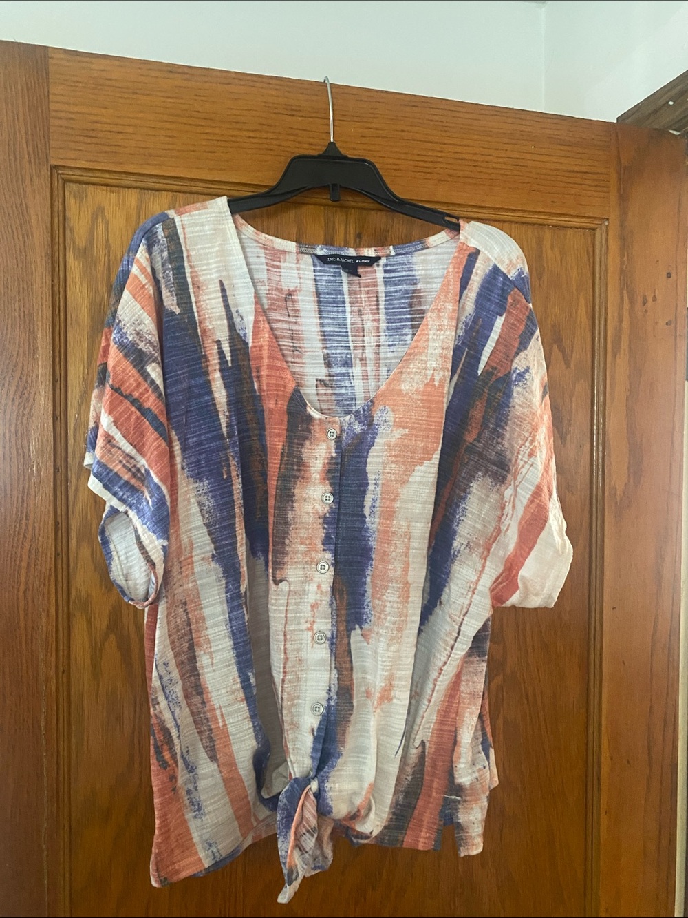 Zac & Rachel Button-Front Tie Hem Blouse - Blue & Rust